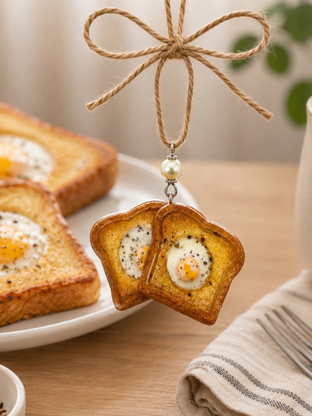 Eggs in a Hole Ornament | Handmade Breakfast Toast Ornament with Egg, Mini Food